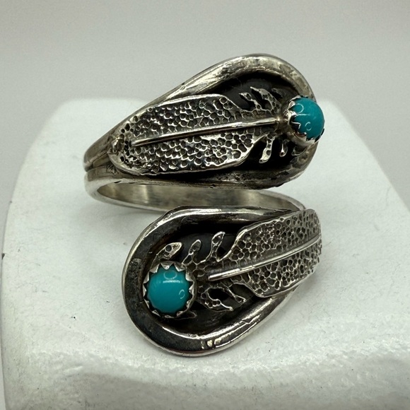 Jewelry - Navajo Sterling Silver Feather Wrap Ring by Etta Berim Twin Turquoise Cabochons